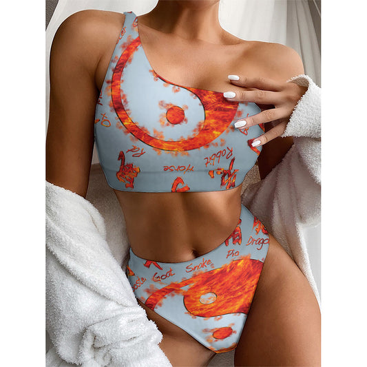Fire Yin Yang Chinese Zodiac Print One Shoulder Bikini Top