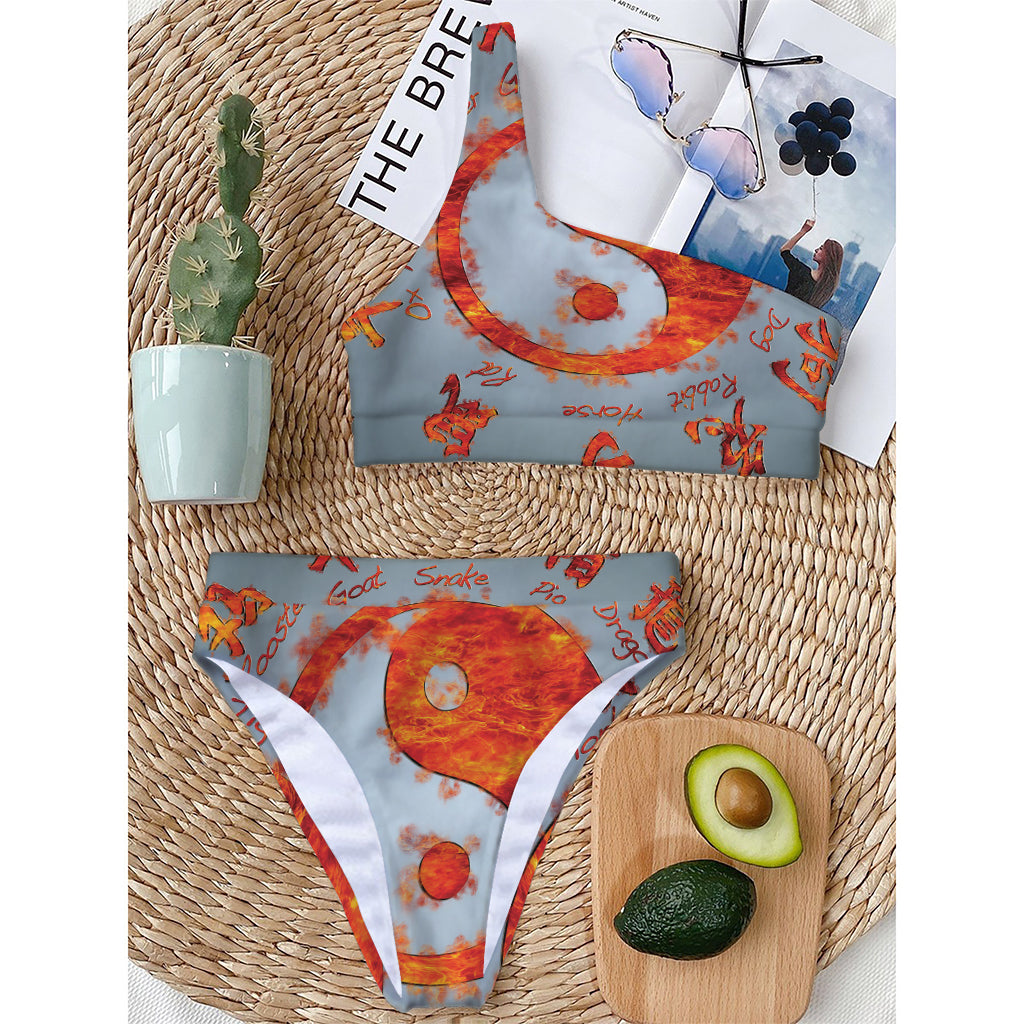 Fire Yin Yang Chinese Zodiac Print One Shoulder Bikini Top