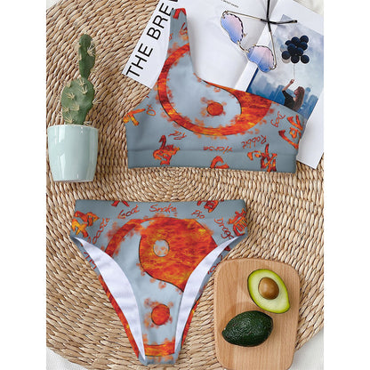 Fire Yin Yang Chinese Zodiac Print One Shoulder Bikini Top