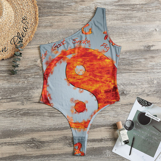 Fire Yin Yang Chinese Zodiac Print One Shoulder Bodysuit