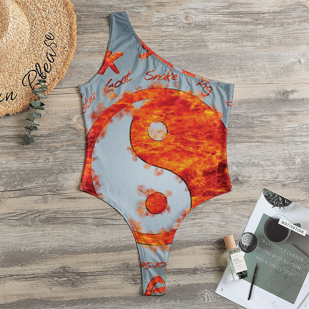 Fire Yin Yang Chinese Zodiac Print One Shoulder Bodysuit