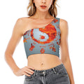 Fire Yin Yang Chinese Zodiac Print One Shoulder Crop Top