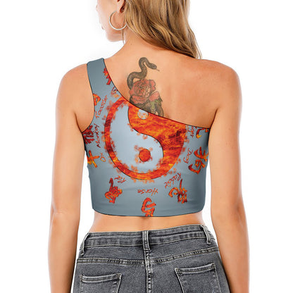 Fire Yin Yang Chinese Zodiac Print One Shoulder Crop Top