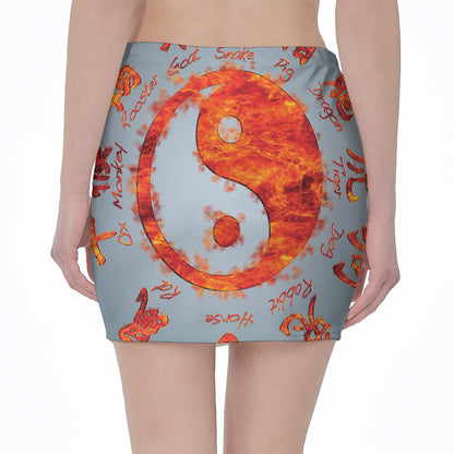Fire Yin Yang Chinese Zodiac Print Pencil Mini Skirt