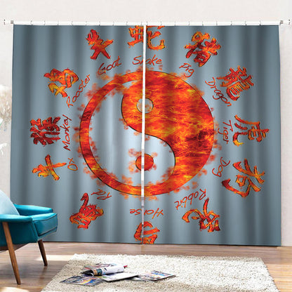 Fire Yin Yang Chinese Zodiac Print Pencil Pleat Curtains