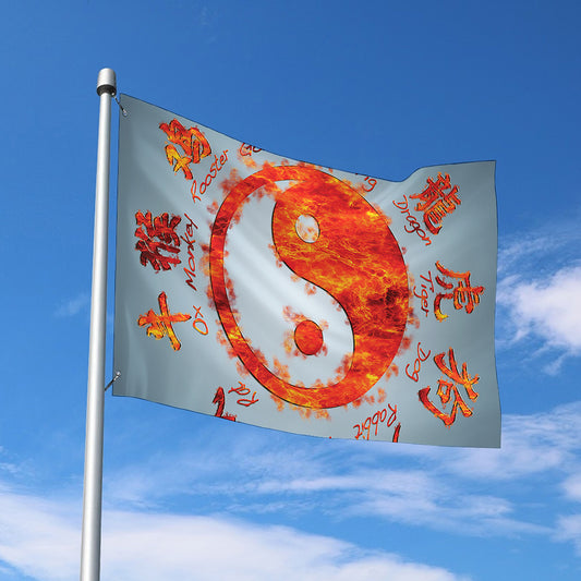 Fire Yin Yang Chinese Zodiac Print Polyester Flag