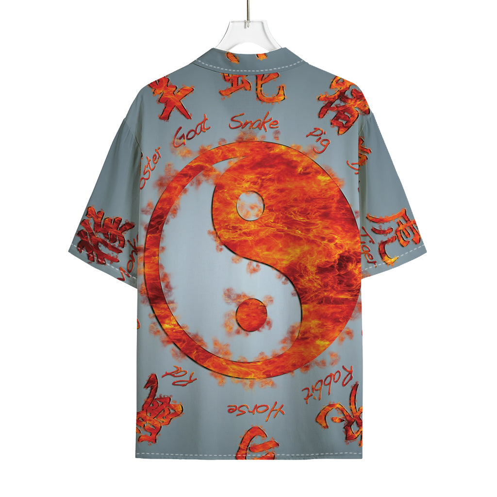 Fire Yin Yang Chinese Zodiac Print Rayon Hawaiian Shirt