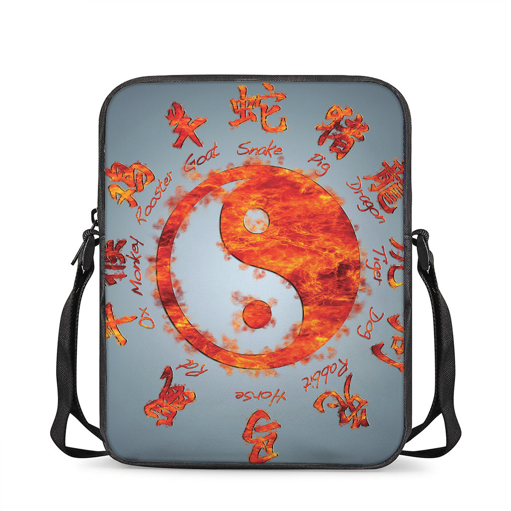 Fire Yin Yang Chinese Zodiac Print Rectangular Crossbody Bag