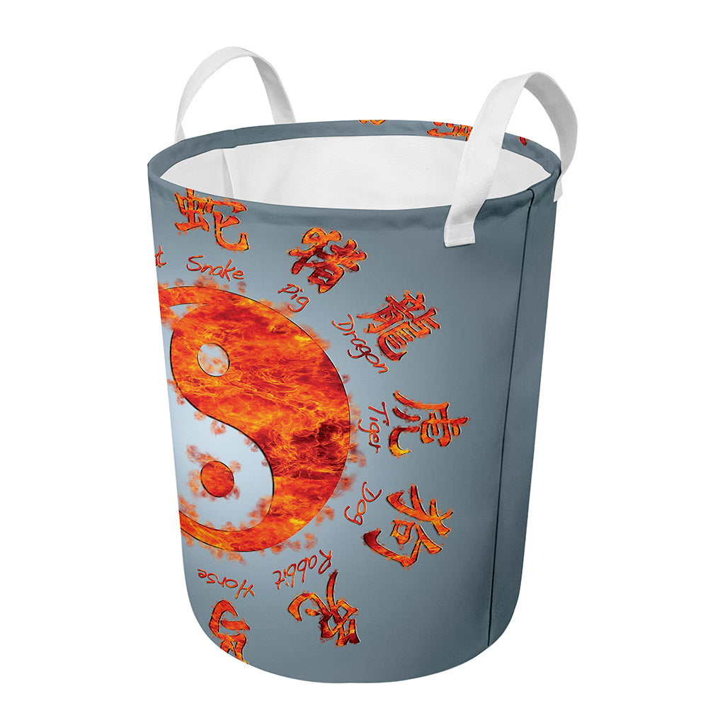 Fire Yin Yang Chinese Zodiac Print Round Laundry Basket