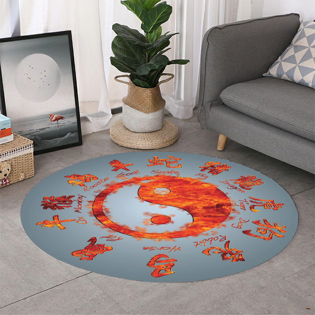 Fire Yin Yang Chinese Zodiac Print Round Rug