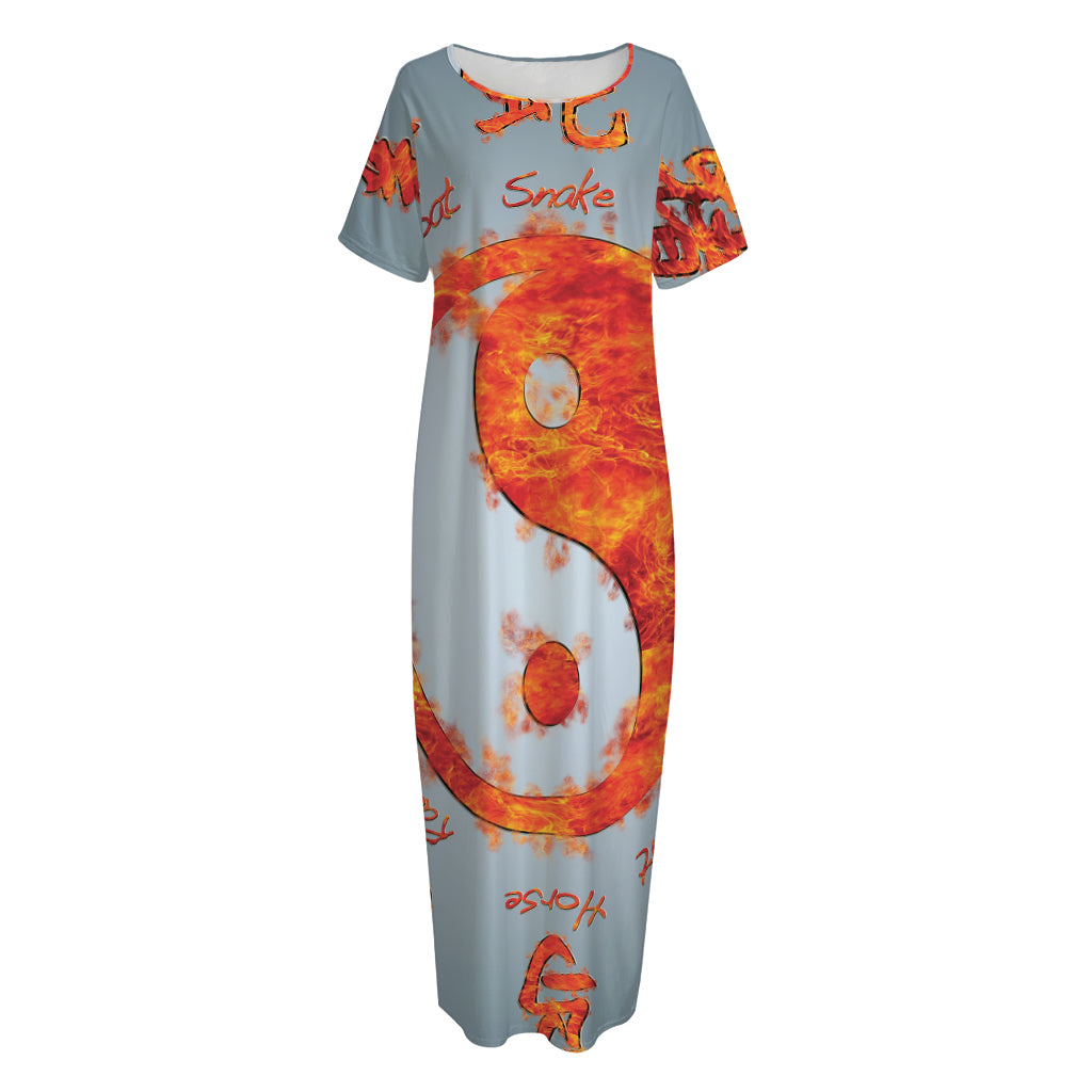Fire Yin Yang Chinese Zodiac Print Short Sleeve Long Nightdress