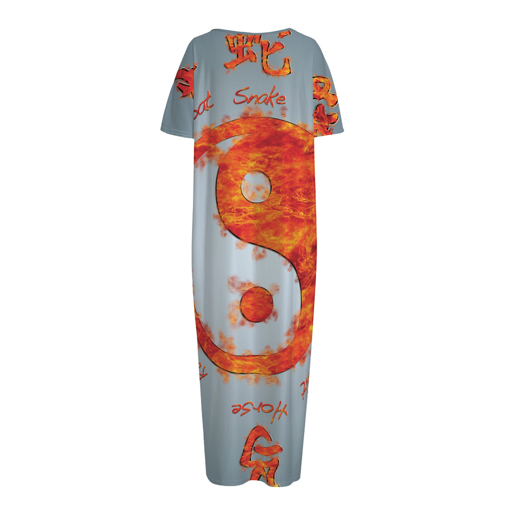 Fire Yin Yang Chinese Zodiac Print Short Sleeve Long Nightdress