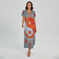 Fire Yin Yang Chinese Zodiac Print Short Sleeve Maxi Dress