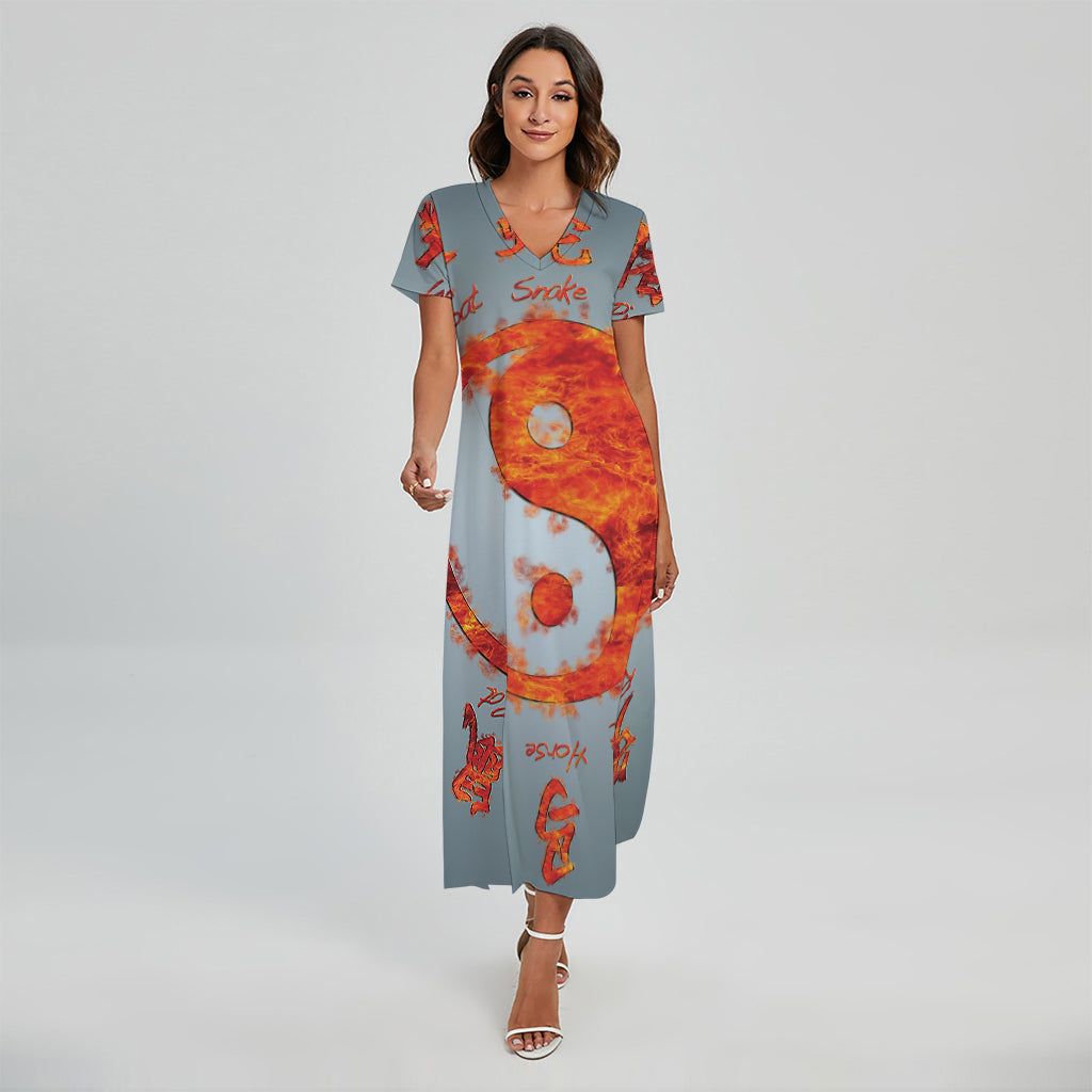 Fire Yin Yang Chinese Zodiac Print Short Sleeve Maxi Dress