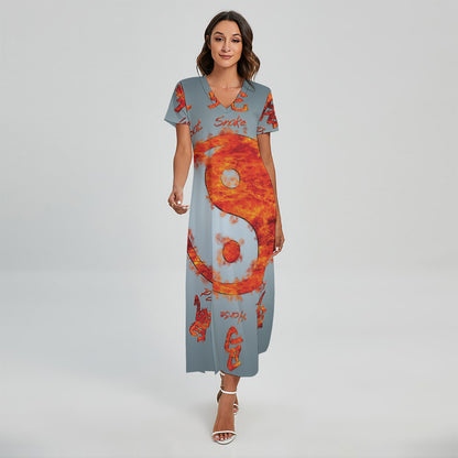 Fire Yin Yang Chinese Zodiac Print Short Sleeve Maxi Dress