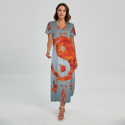 Fire Yin Yang Chinese Zodiac Print Short Sleeve Maxi Dress
