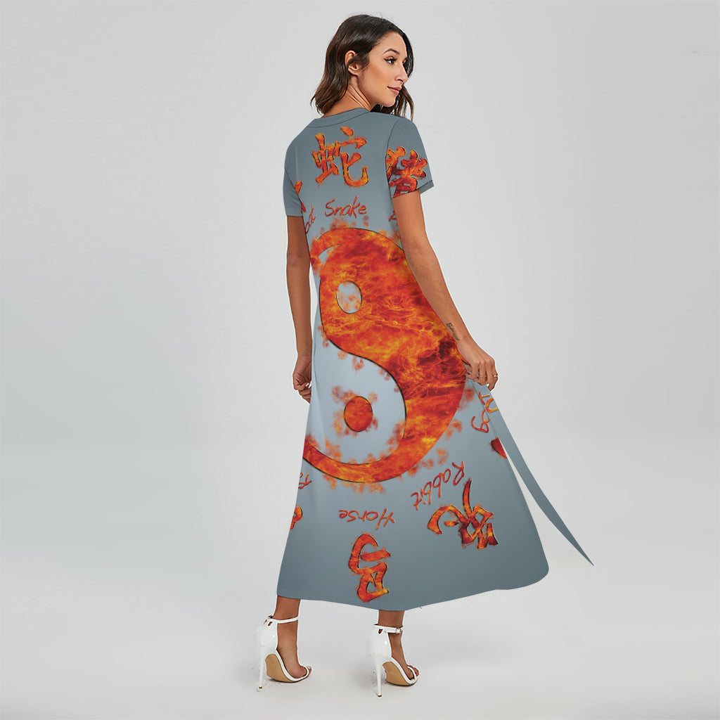 Fire Yin Yang Chinese Zodiac Print Short Sleeve Maxi Dress