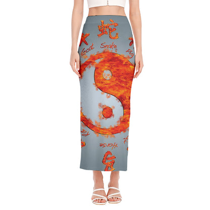 Fire Yin Yang Chinese Zodiac Print Side Slit Maxi Skirt