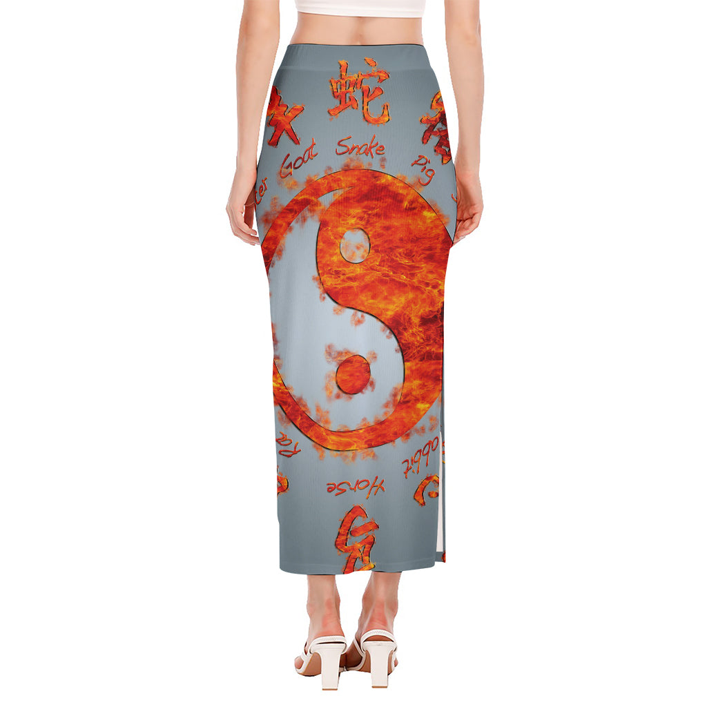 Fire Yin Yang Chinese Zodiac Print Side Slit Maxi Skirt