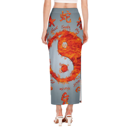 Fire Yin Yang Chinese Zodiac Print Side Slit Maxi Skirt