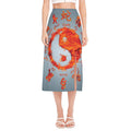 Fire Yin Yang Chinese Zodiac Print Side Slit Midi Skirt