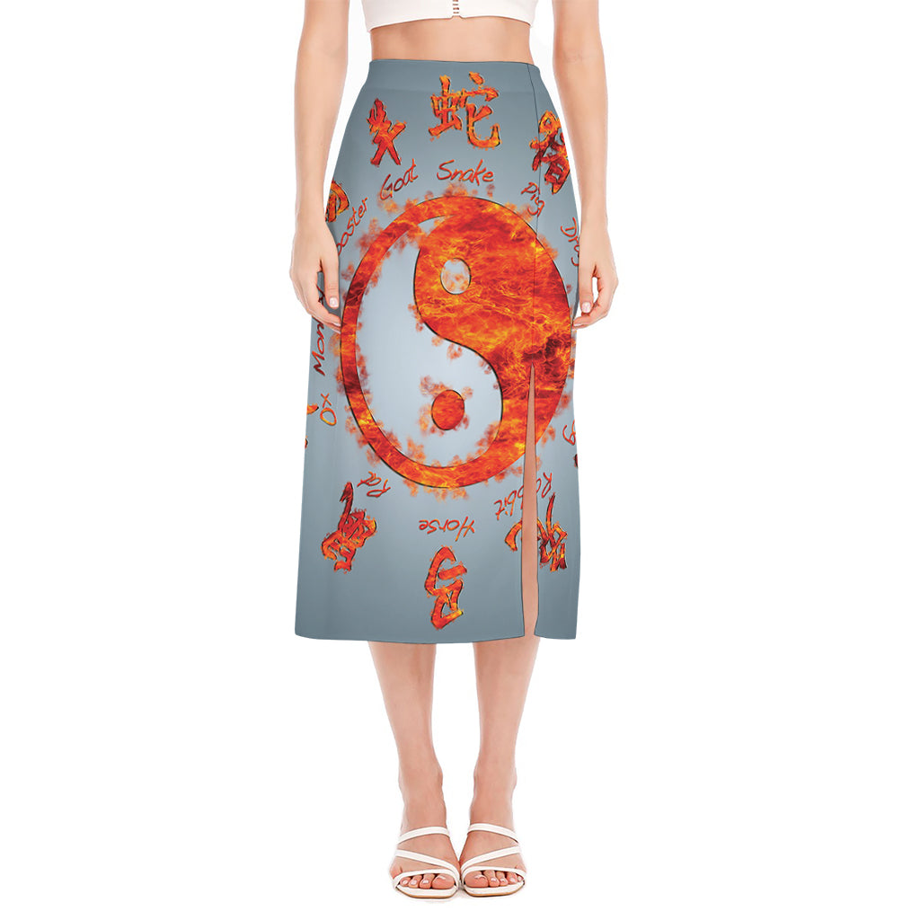 Fire Yin Yang Chinese Zodiac Print Side Slit Midi Skirt