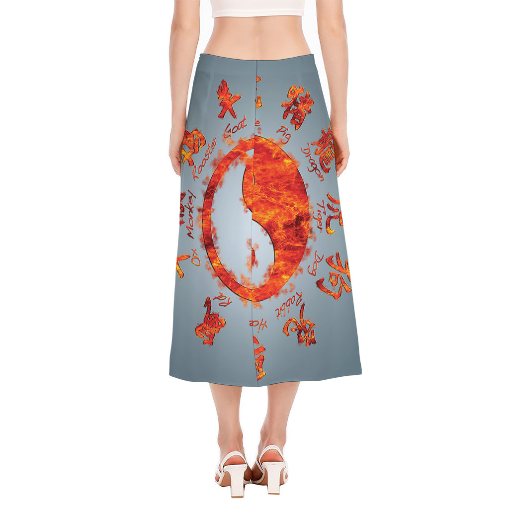 Fire Yin Yang Chinese Zodiac Print Side Slit Midi Skirt