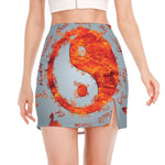 Fire Yin Yang Chinese Zodiac Print Side Slit Mini Skirt