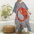 Fire Yin Yang Chinese Zodiac Print Silk V-Neck Kaftan Dress