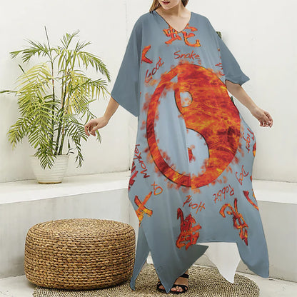 Fire Yin Yang Chinese Zodiac Print Silk V-Neck Kaftan Dress