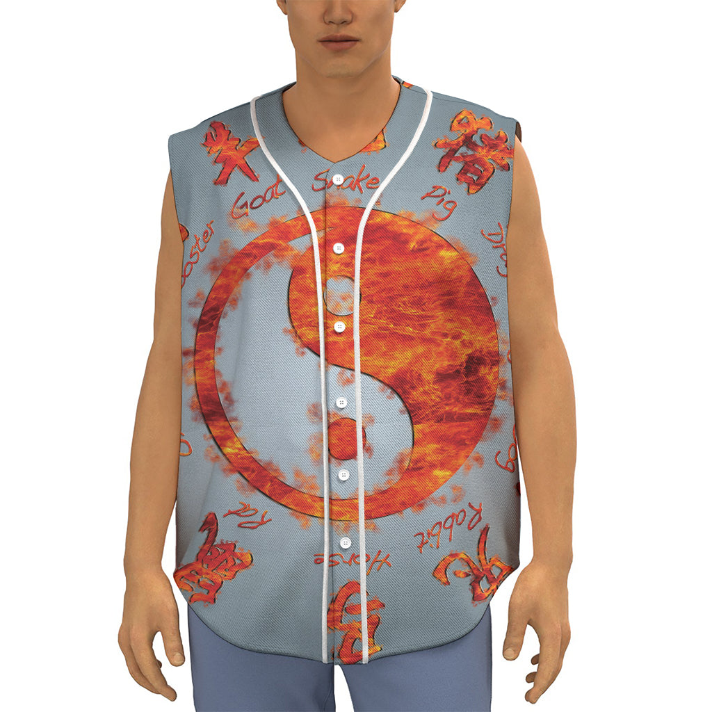 Fire Yin Yang Chinese Zodiac Print Sleeveless Baseball Jersey