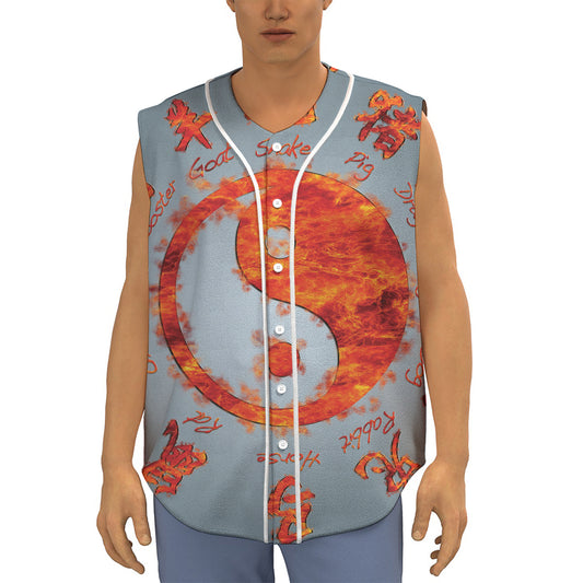 Fire Yin Yang Chinese Zodiac Print Sleeveless Baseball Jersey