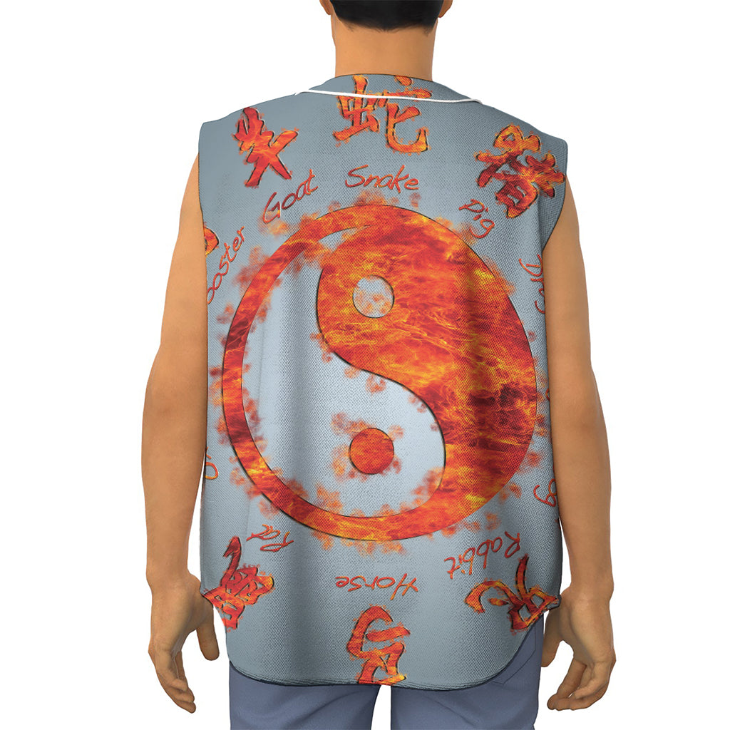 Fire Yin Yang Chinese Zodiac Print Sleeveless Baseball Jersey