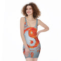 Fire Yin Yang Chinese Zodiac Print Sleeveless Bodycon Dress