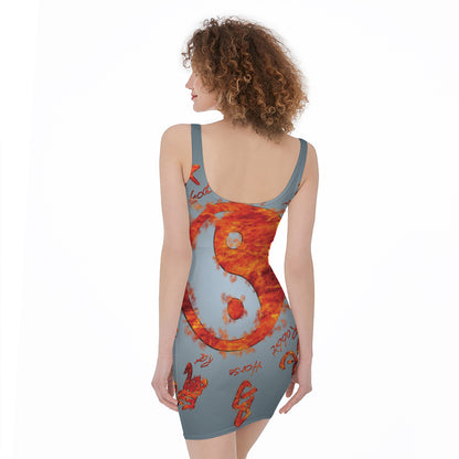 Fire Yin Yang Chinese Zodiac Print Sleeveless Bodycon Dress
