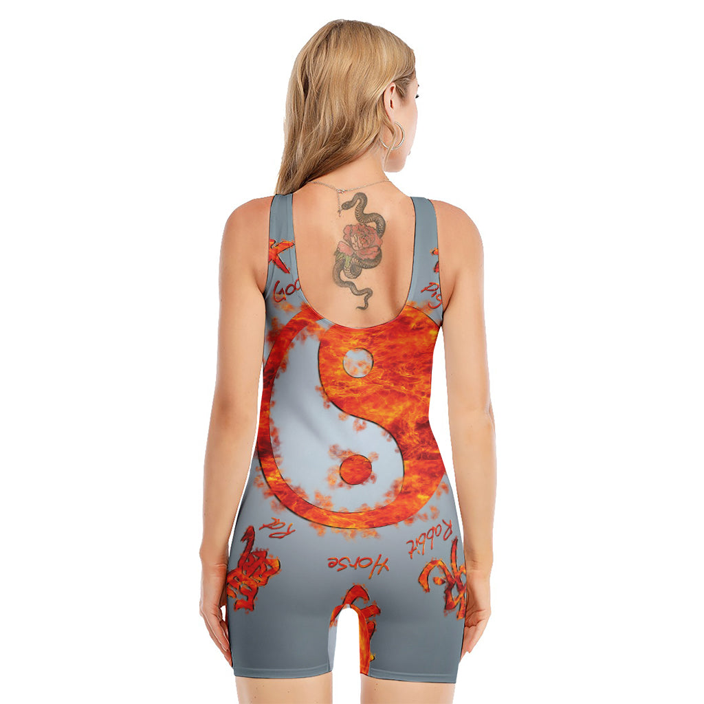 Fire Yin Yang Chinese Zodiac Print Sleeveless One Piece Swimsuit