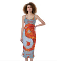 Fire Yin Yang Chinese Zodiac Print Slim Fit Midi Cami Dress