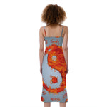 Fire Yin Yang Chinese Zodiac Print Slim Fit Midi Cami Dress