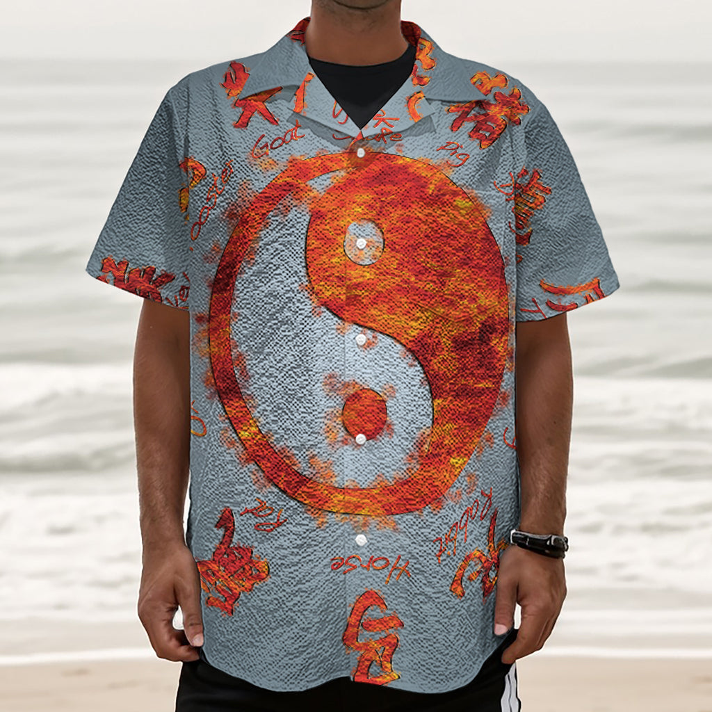 Fire Yin Yang Chinese Zodiac Print Textured Short Sleeve Shirt