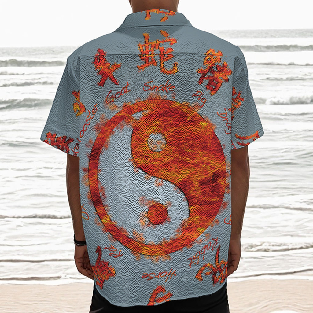 Fire Yin Yang Chinese Zodiac Print Textured Short Sleeve Shirt
