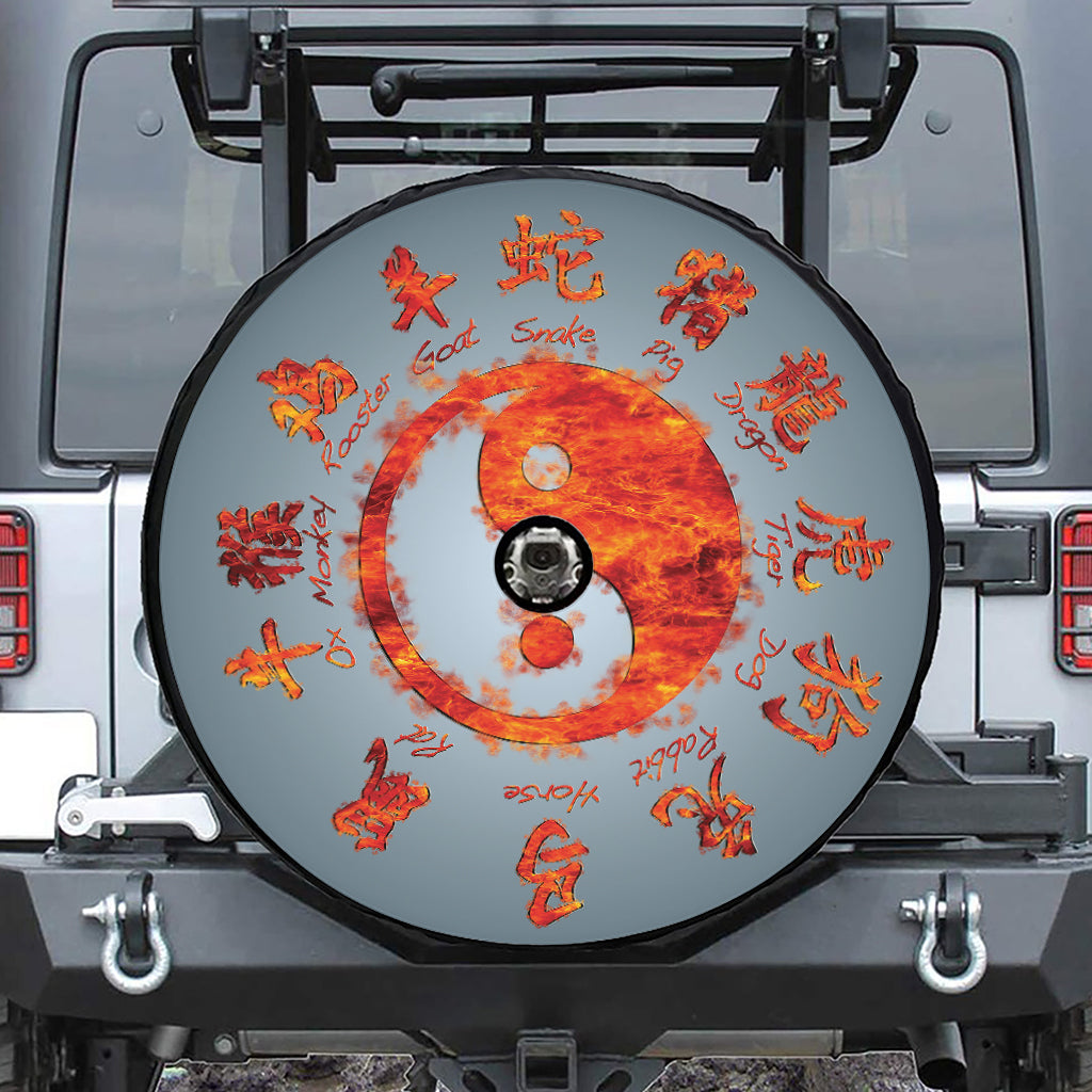 Fire Yin Yang Chinese Zodiac Print Tire Cover With Camera Hole