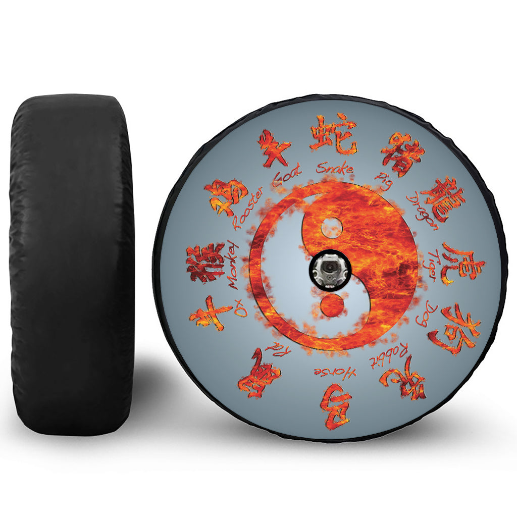 Fire Yin Yang Chinese Zodiac Print Tire Cover With Camera Hole