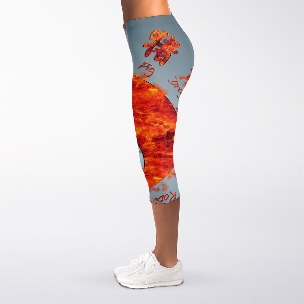 Fire Yin Yang Chinese Zodiac Print Women's Capri Leggings