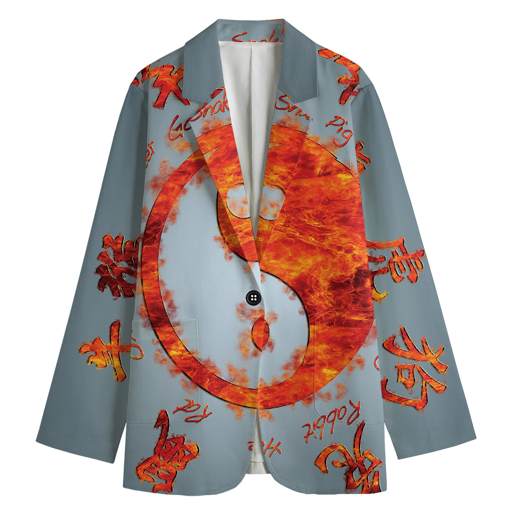 Fire Yin Yang Chinese Zodiac Print Women's Cotton Blazer