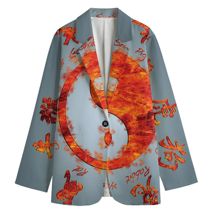 Fire Yin Yang Chinese Zodiac Print Women's Cotton Blazer