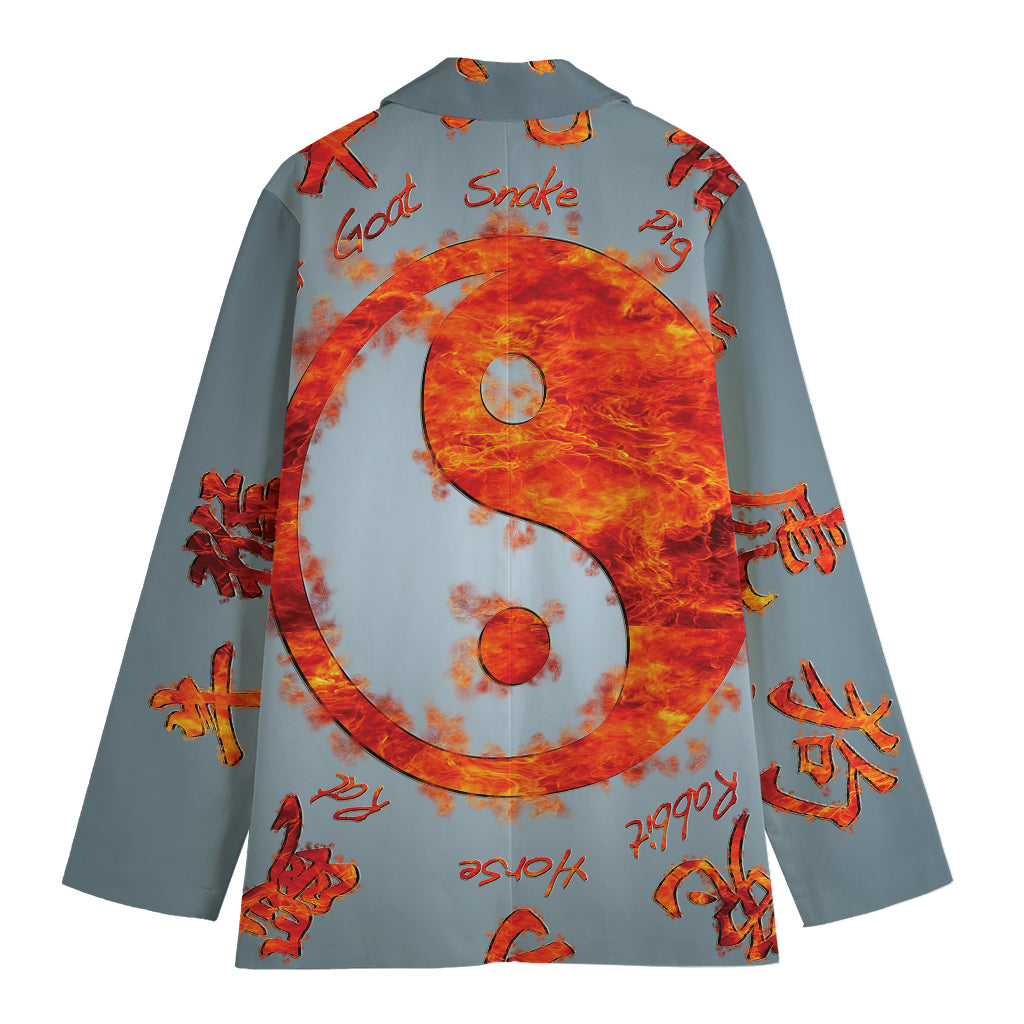 Fire Yin Yang Chinese Zodiac Print Women's Cotton Blazer