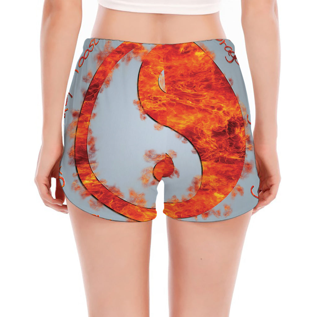 Fire Yin Yang Chinese Zodiac Print Women's Split Running Shorts