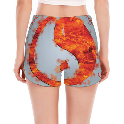 Fire Yin Yang Chinese Zodiac Print Women's Split Running Shorts