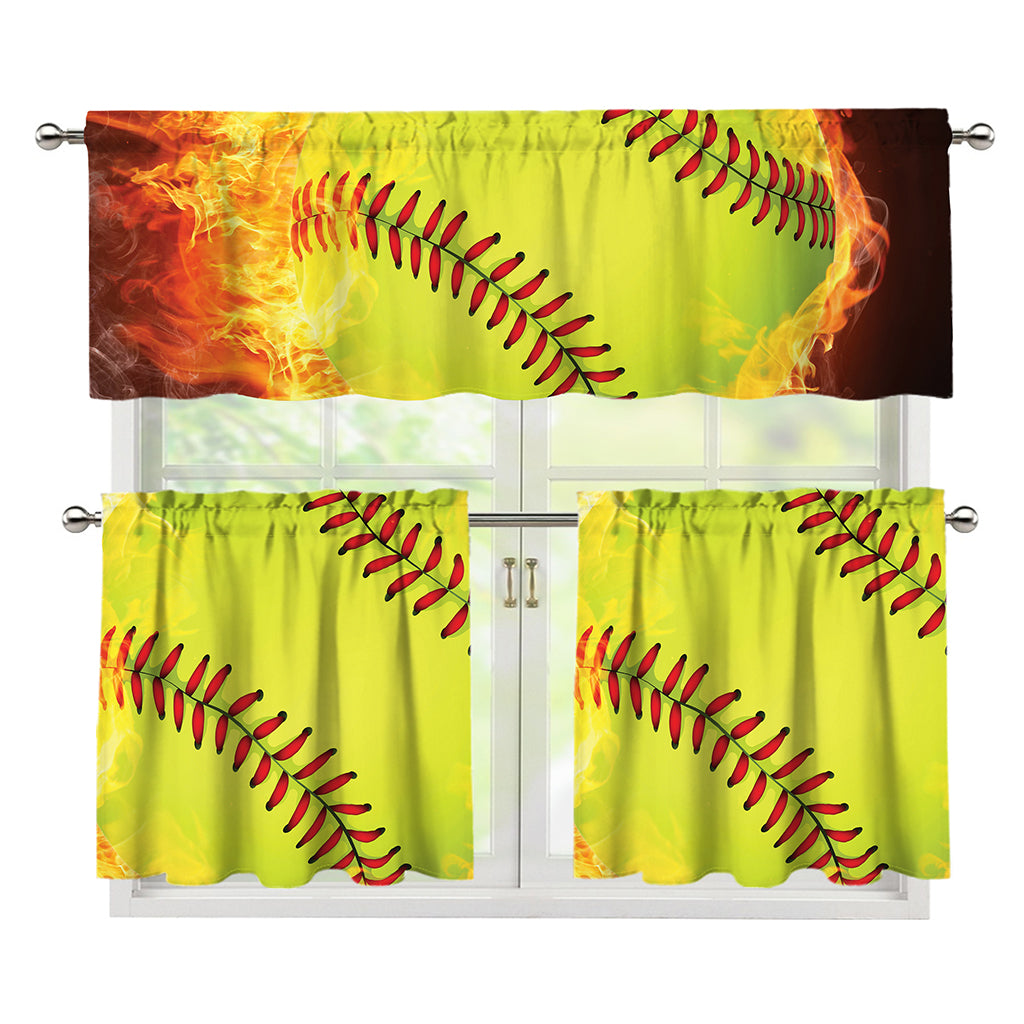 Fireball Softball Print 3 Piece Kitchen Curtains