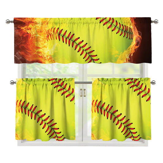 Fireball Softball Print 3 Piece Kitchen Curtains